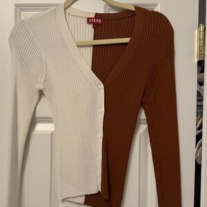 STAUD Cream and Brown Ribbed Cardigan